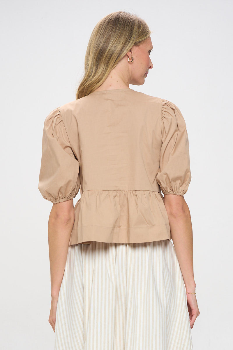 Cotton Puff Sleeve Top with Front Tie Detail
