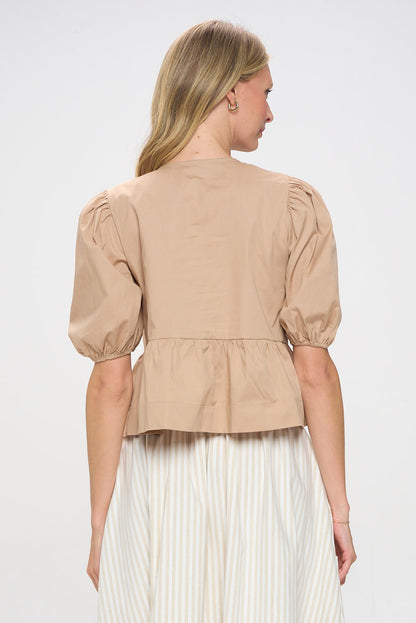 Cotton Puff Sleeve Top with Front Tie Detail