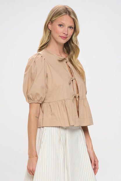 Cotton Puff Sleeve Top with Front Tie Detail