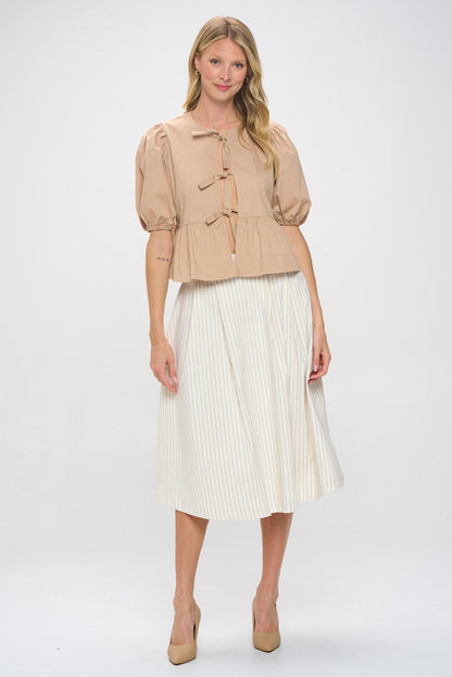 Cotton Puff Sleeve Top with Front Tie Detail