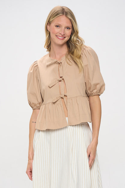 Cotton Puff Sleeve Top with Front Tie Detail